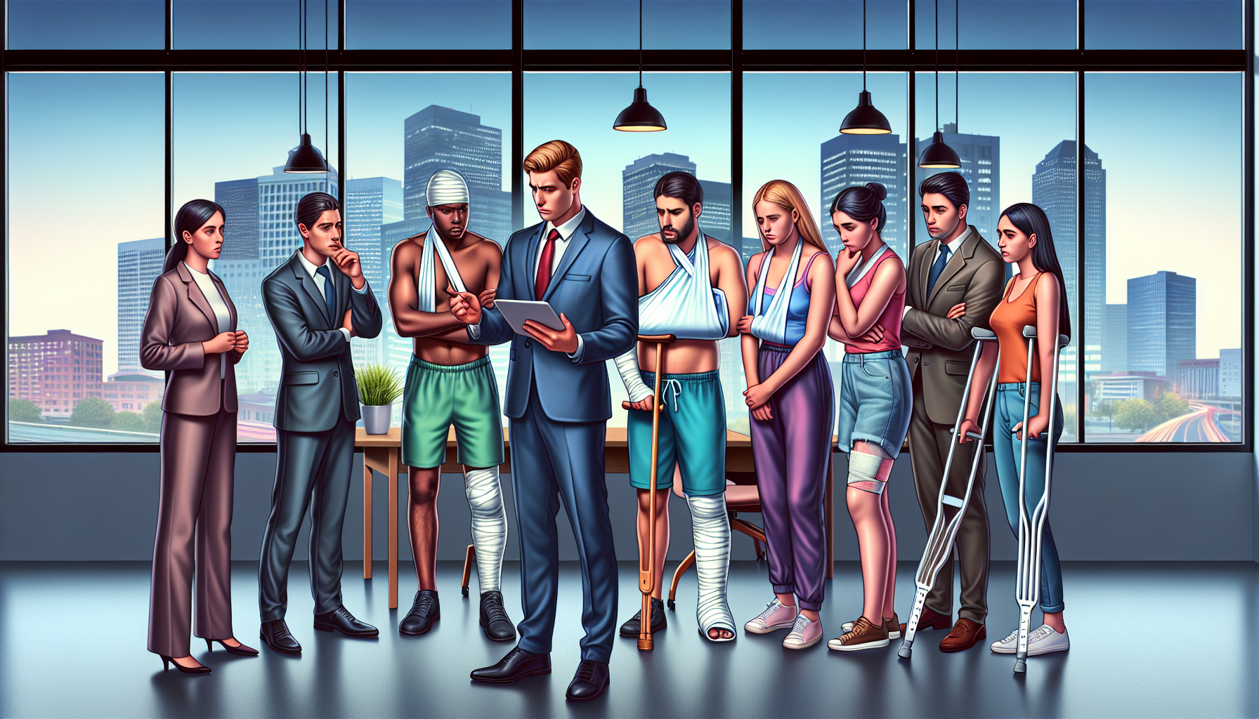 An image of a diverse group of people with different ethnic backgrounds in a modern and professional law office, each individual portraying a different type of injury such as a cast, neck brace, and crutches, engaging in serious conversation with a confident, well-dressed personal injury attorney. The attorney is showing a presentation on a digital tablet, strategizing their cases. The office has visible local landmarks seen through the window, emphasizing the 