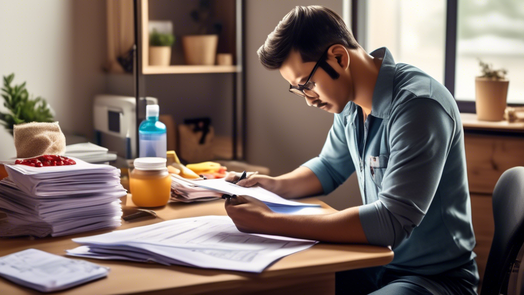Create an image of a commercial truck driver in casual clothes, organizing a stack of necessary documents and medical records on a desk at home. The driver appears to be preparing for their upcoming DOT examination by reading a checklist. Nearby, there is a calendar marked with the exam date and an array of healthy snacks and medical items such as a blood pressure monitor, prescription bottles, and a pair of glasses. The setting should be colorful and hopeful, emphasizing readiness and thorough preparation.