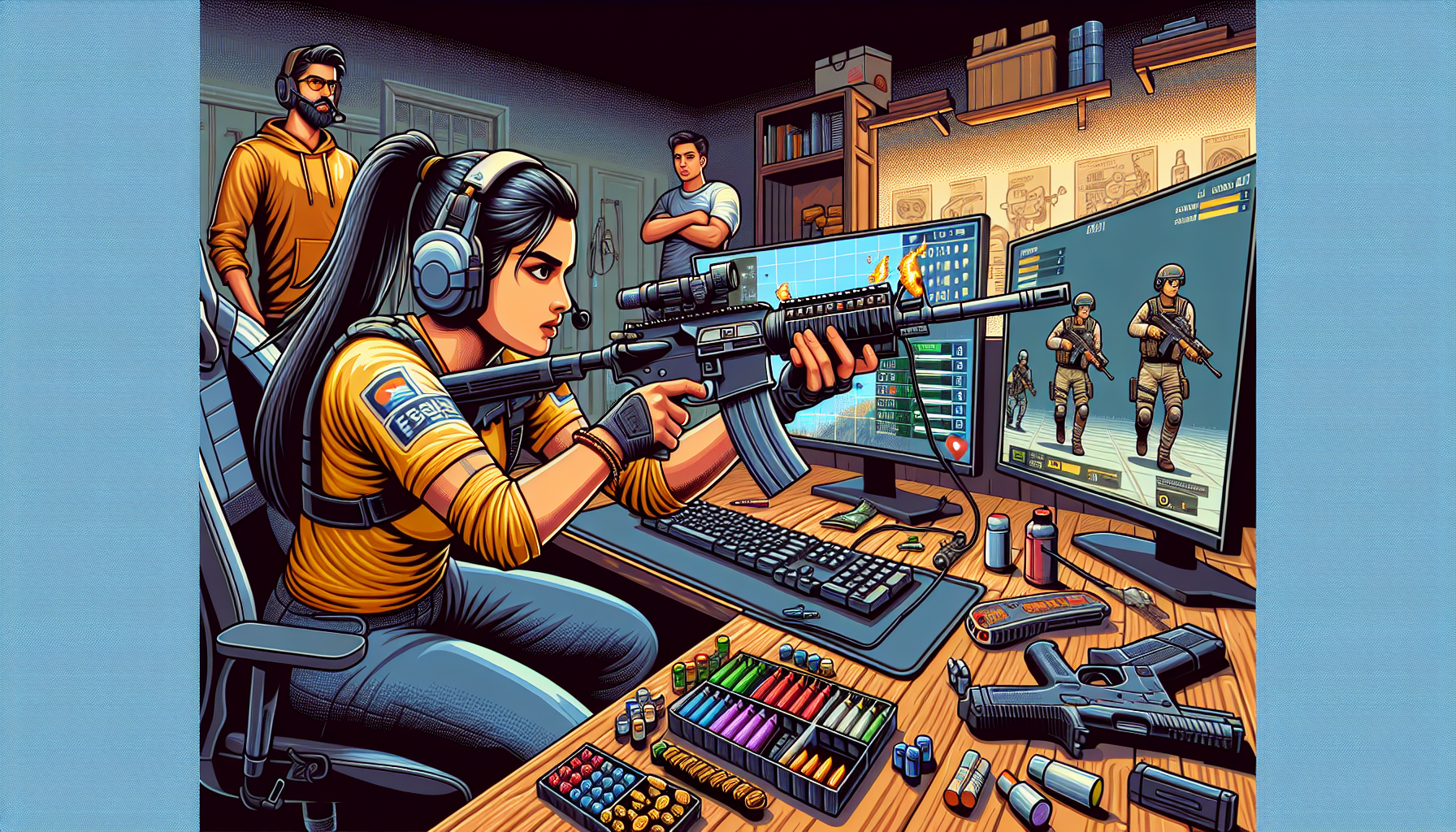 Create an image showing a PUBG player in a high-intensity training environment. The player is lined up against virtual targets, practicing precise aim and rapid shooting techniques. They are positioned strategically behind cover, with an array of in-game equipment like various weapons, grenades, and healing items around them. In the background, show a coach or mentor observing and providing tips. The atmosphere should be serious and focused, reflecting the player’s dedication to enhancing their skills for a major PUBG tournament.