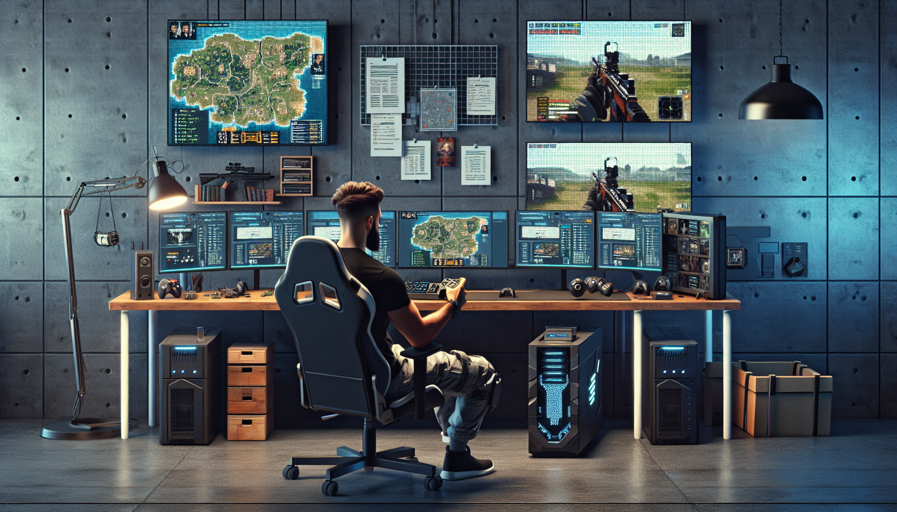 Create an image showcasing a dedicated gamer preparing for a PUBG tournament in a high-tech gaming room. The room should be filled with cutting-edge gaming equipment, including a top-tier gaming PC, multiple monitors displaying PUBG gameplay, and ergonomic gaming chairs. The gamer is seen in intense focus, reviewing past tournament footage on one screen, while a strategy map for PUBG is displayed on another. Surrounding elements should emphasize both mental and physical preparedness, such as notes on tactics, a set of dumbbells for physical fitness, and a calming atmosphere created with soft ambient lighting.