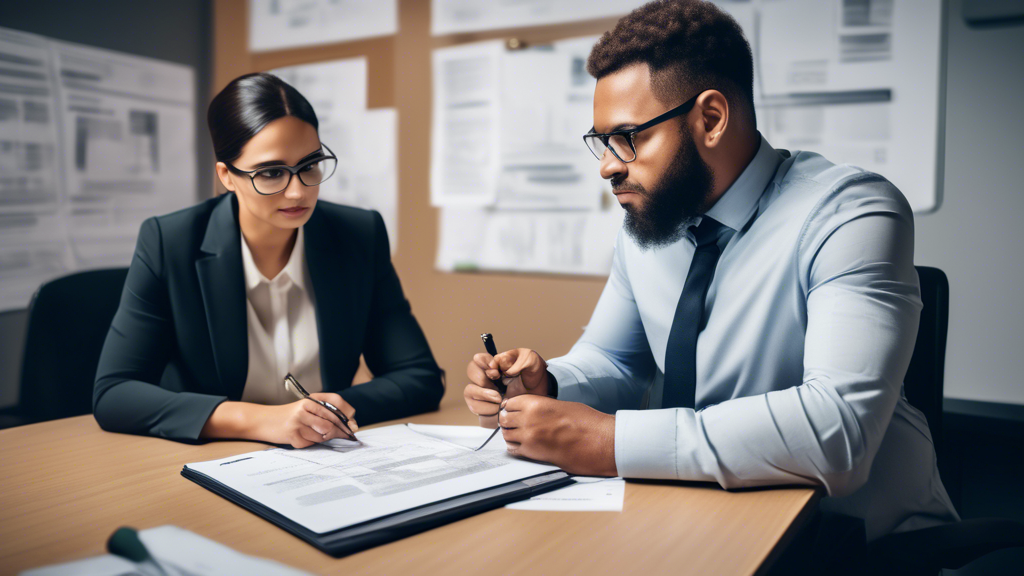 Create an image depicting a person sitting at a desk in a modern office, surrounded by legal documents and a laptop with a notepad in hand. The individual is engaged in a discussion with a professional-looking lawyer who is presenting a detailed case strategy using a chart. The lawyer’s office has certificates and awards on the wall to signify their experience and credentials. The scene should also include visual elements like price lists or fee structures prominently displayed, as well as an open door leading to a busy team of legal professionals working collaboratively. Caption: Questions to Ask When Hiring the Best Motorcycle Accident Lawyer Near Me.