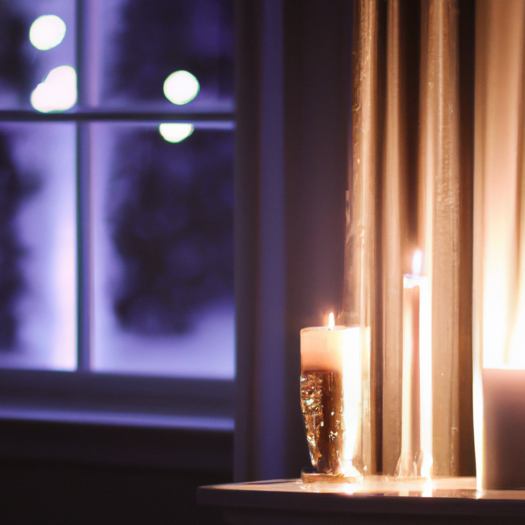 Create an image illustrating the practical benefits of electric window candles in a home setting. Show a cozy living room window adorned with these candles, emphasizing their safety features by contrasting with traditional candles. Highlight their energy efficiency by including a subtle visual of a power meter with low usage. Include elements that depict convenience, such as a hand holding a remote control and a visible timer setting on the candles. Ensure the ambiance is warm and inviting to showcase the charm and functionality of electric window candles.