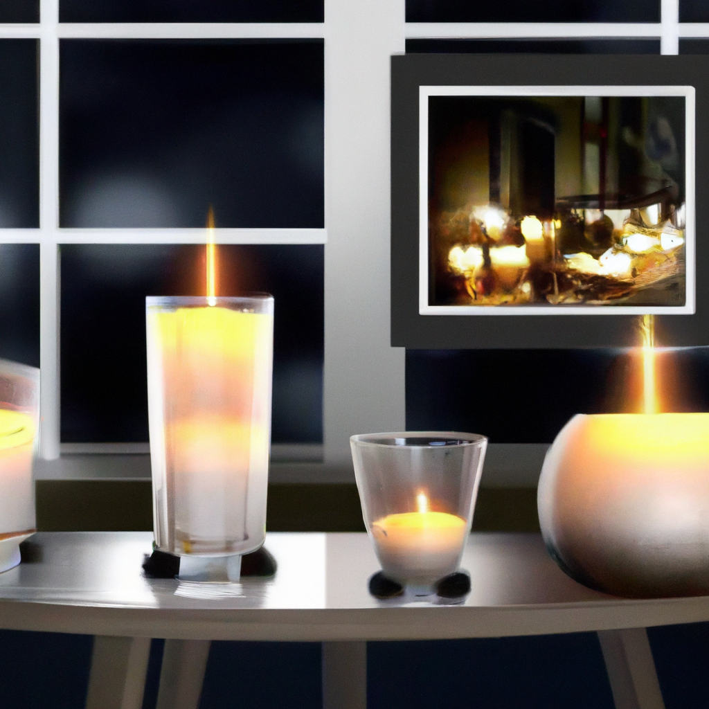 A cozy, warmly lit living room with various styles of electric window candles displayed on the window sills. Show a collage-like setup highlighting different sizes, brightness levels, and design styles of the candles. Include close-ups of top brands and models with brief text descriptions. The setting should convey a welcoming atmosphere, and the image should hint at the ease of maintenance for prolonged use through clean, dust-free surfaces and well-organized storage of spare candles.