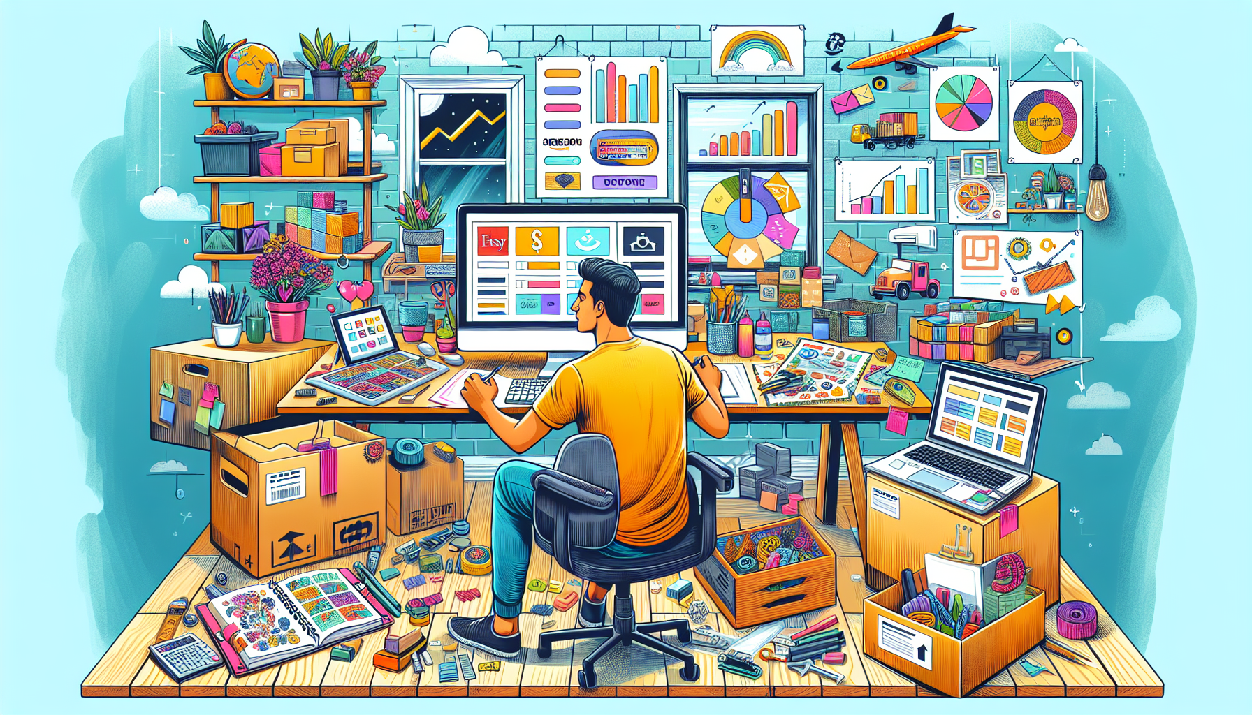 Create a vibrant and dynamic image showcasing the concept of E-Commerce and Online Selling: Turn Your Creativity into Profit. The scene features a young entrepreneur in a home office setting surrounded by creative tools like sketchpads, a laptop displaying an online store dashboard, and a worktable with handmade crafts. In the background, there are shelves filled with neatly organized inventory, packaging materials, and shipping boxes. An open window offers a glimpse of a delivery truck arriving. Highlight platforms like Etsy, Amazon, and Shopify on the computer screen. Add some digital marketing materials like a social media calendar and charts showing sales growth to emphasize the business aspect. Keywords: online selling, e-commerce, creativity, internet side hustles.