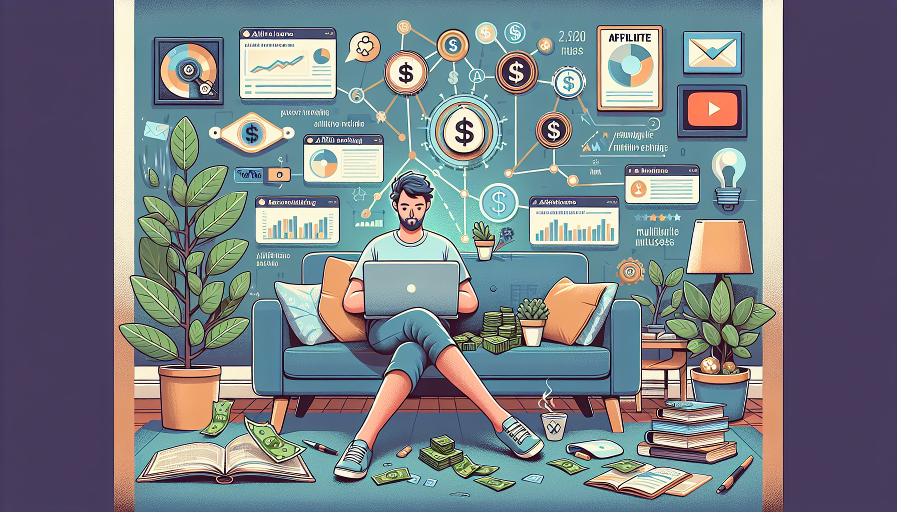 Create an image depicting a cozy home office environment with a person comfortably working on a laptop. On the laptop screen, display a dashboard illustrating affiliate marketing statistics, with charts showing earnings and performance metrics. Surround the person with elements that symbolize passive income, such as a growing money tree, a YouTube plaque, and books about online success. Incorporate text bubbles or icons that indicate popular affiliate programs, blogging platforms, and social media channels. Emphasize a relaxed yet productive atmosphere to convey the concept of earning while you sleep through various internet side hustles.