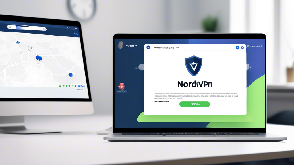 Create an image showcasing a laptop screen displaying the NordVPN interface with a visible free trial button highlighted. Surround the laptop with elements that represent online security, such as a shield, a lock, and a Wi-Fi symbol. Add a subtle background of a clean, modern interior workspace. Make sure the image conveys the ease and benefits of starting a free trial with NordVPN.