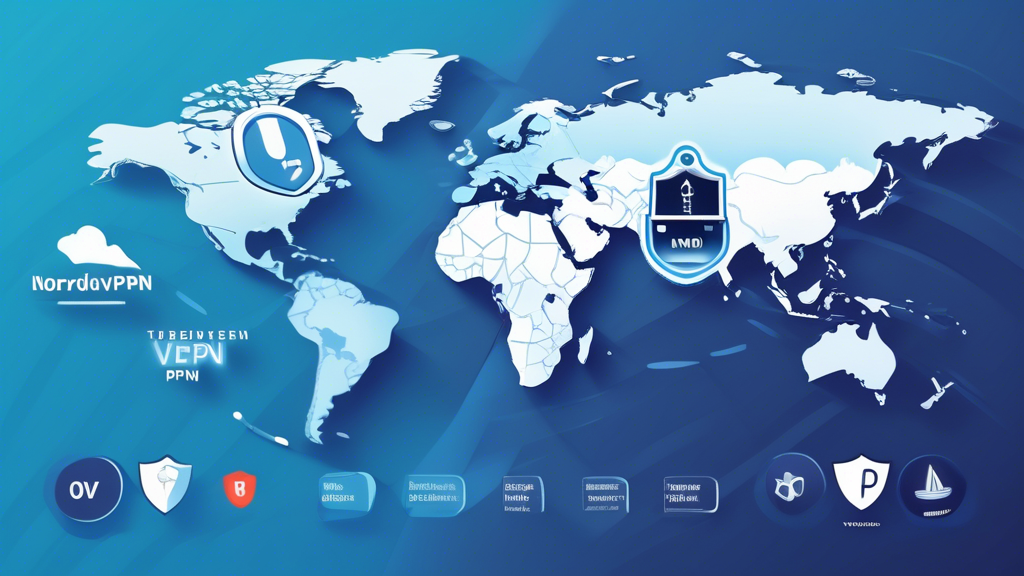 Create an image that showcases a comparison between NordVPN and other free VPN services. Highlight the risks and benefits of using free VPNs versus NordVPN, using visual elements like shields for security, speed meters, and lock icons. Include a world map background to emphasize global VPN usage. Make it clear that the comparison focuses on security, performance, and reliability.