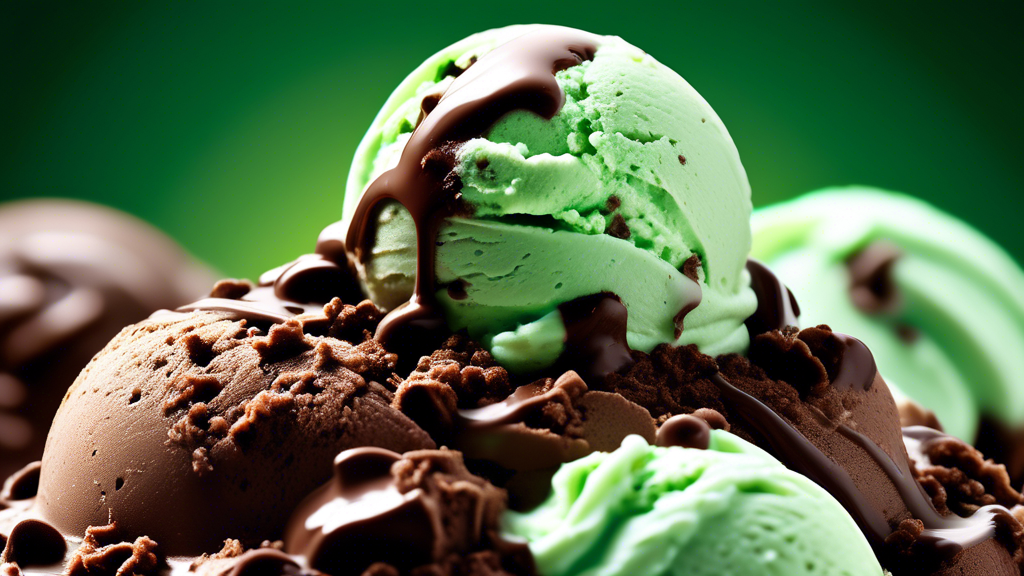 detailed close-up of a scoop of mint chocolate chip ice cream, highlighting its vibrant green color and dark chocolate flecks, with a blurred background featuring people of various ages enjoying their ice cream, illustrating its widespread appeal and enjoyment across demographics