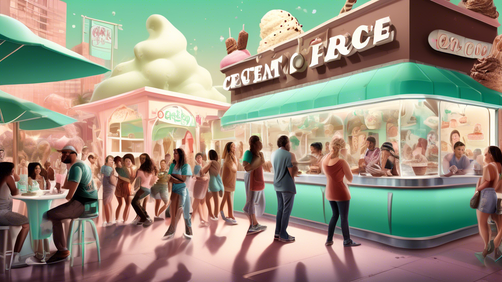 An artistic representation of a bustling ice cream parlor with people of various backgrounds enjoying mint chocolate chip ice cream, featuring scenes of the ice cream used in different desserts, and cultural references, with a futuristic section showcasing vegan and sugar-free versions.