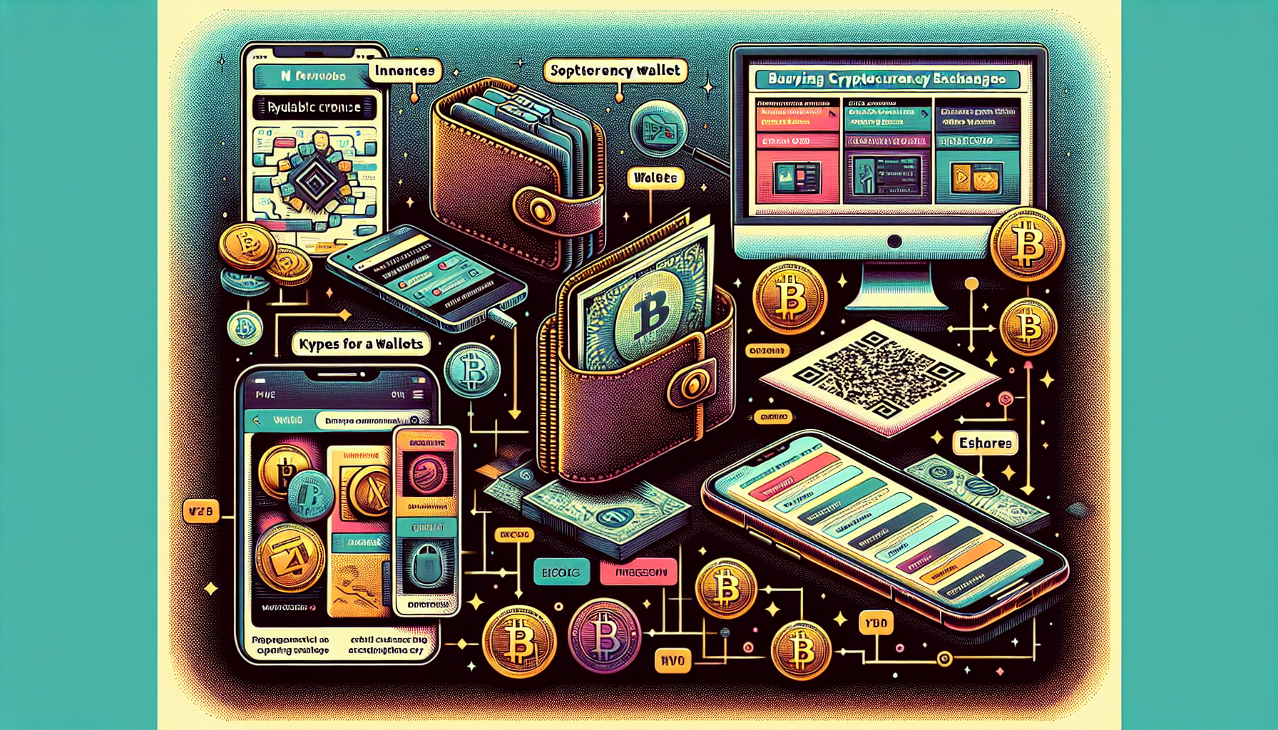 /Imagine prompt: A step-by-step guide for beginners on how to buy cryptocurrency. The image should feature a digital wallet showcasing different types (hardware, software, and paper wallets), a selection of trusted cryptocurrency exchanges displayed on a computer or phone screen, and a detailed step-by-step flowchart leading through the process of buying cryptocurrency on a trading platform. The design should be clean, modern, and visually informative with clear, easy-to-understand elements.