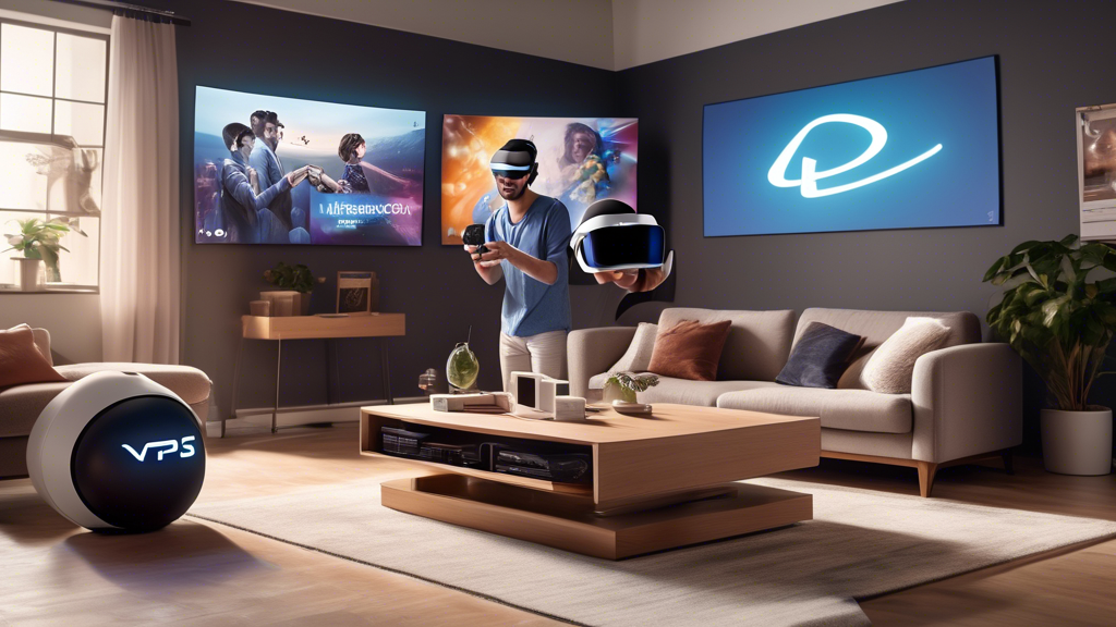 Create an image featuring a modern living room with a sleek entertainment setup. In the center, a person is joyously unboxing a brand new PS VR2 headset. Surrounding them are eye-catching promotional banners that showcase special offers, bundles, and discounts for the PS VR2. In the background, a stylish clock hints at the present market trends making this the perfect time to buy. The room is bright and welcoming, emphasizing the excitement and smart decision-making behind this purchase. Keywords: PS VR2, special offers, discounts, market trends.