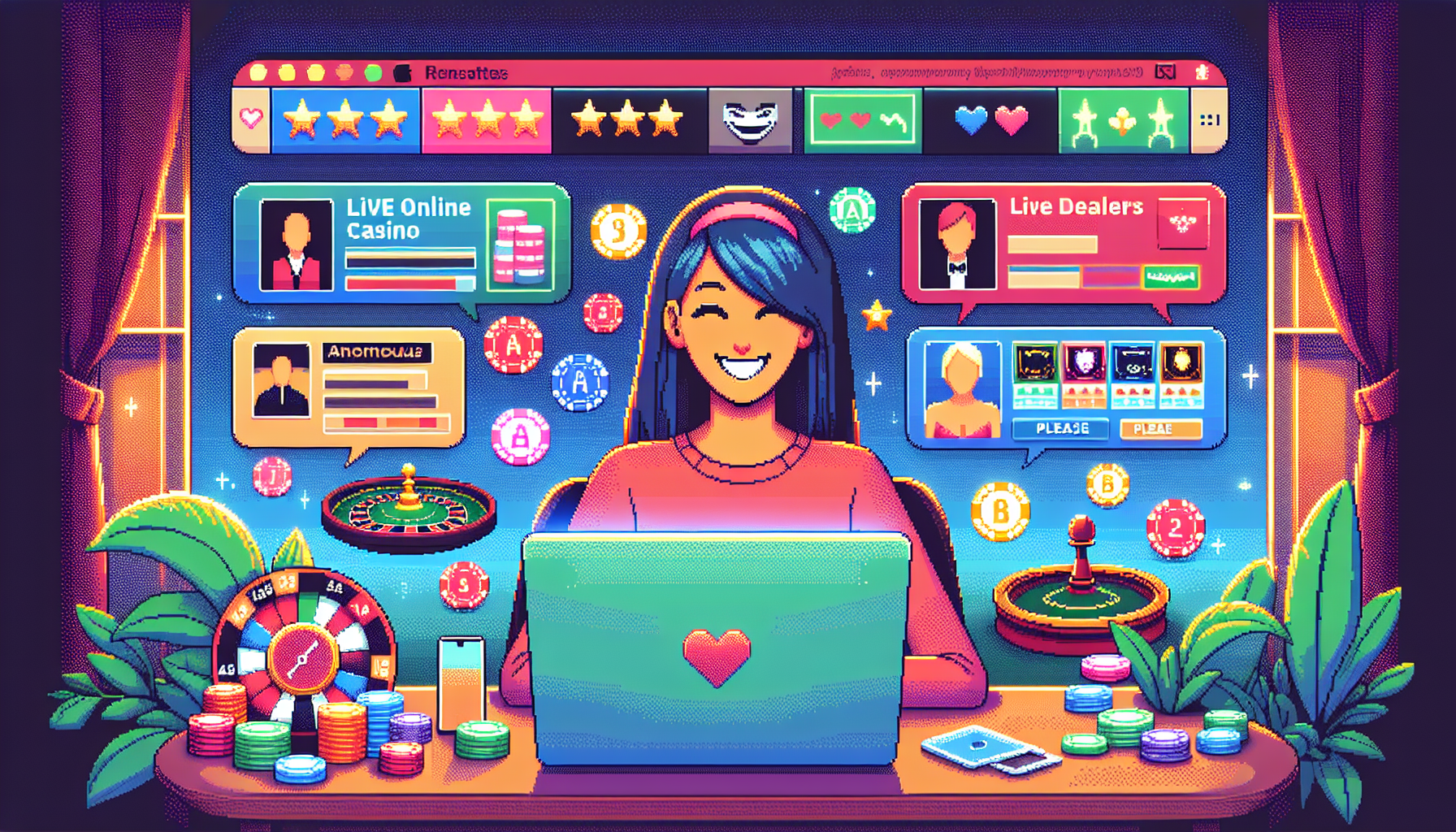 An engaging digital illustration showing a person choosing a live casino online platform on their laptop. The screen displays various platform options characterized by logos, ratings, live dealer thumbnails, and game selections. Surrounding the person are vibrant symbols of casino excitement, like poker chips, a roulette wheel, and playing cards, with a backdrop of a cozy home setting suggesting safety and comfort. Incorporate elements that suggest considerations like licensing and user interface subtly within the scene (e.g., badges or icons). The atmosphere should be thrilling yet inviting, emphasizing careful selection and enjoyment.