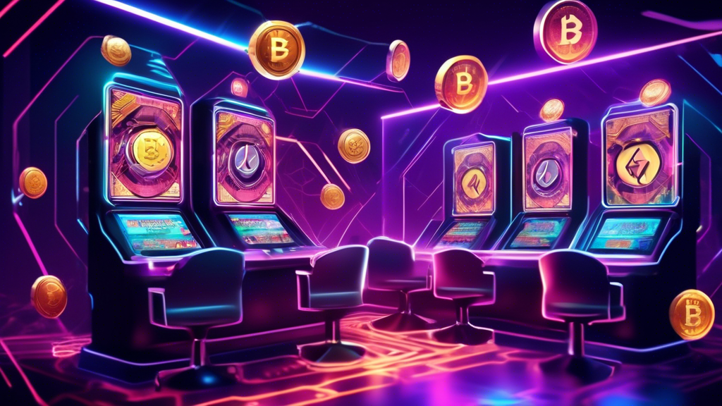 Create an image showing a futuristic online casino where users are engaging in games behind vibrant, high-tech screens. Illustrate the incorporation of cryptocurrency by depicting digital coins and blockchain symbols prominently. Highlight the themes of enhanced security and privacy, showing a shield symbol around the players and encrypted transactions on the screen. The overall scene should convey a sense of trust and cutting-edge technology, with elements such as secure digital wallets, anonymous character avatars, and a sleek, cyber aesthetic.