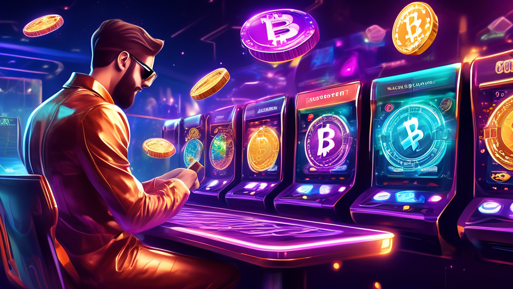 Create an image depicting the future of cryptocurrency in online casinos, illustrating a vibrant and dynamic digital casino scene. Show futuristic card tables and slot machines with holographic cryptocurrency symbols like Bitcoin and Ethereum floating above them. Include diverse patrons using various innovative devices to gamble, emphasizing ease of accessibility. Highlight regulatory barriers with digital icons like padlocks or chains subtly integrated into the scene, hinting at ongoing challenges and the evolution of the online gambling landscape.
