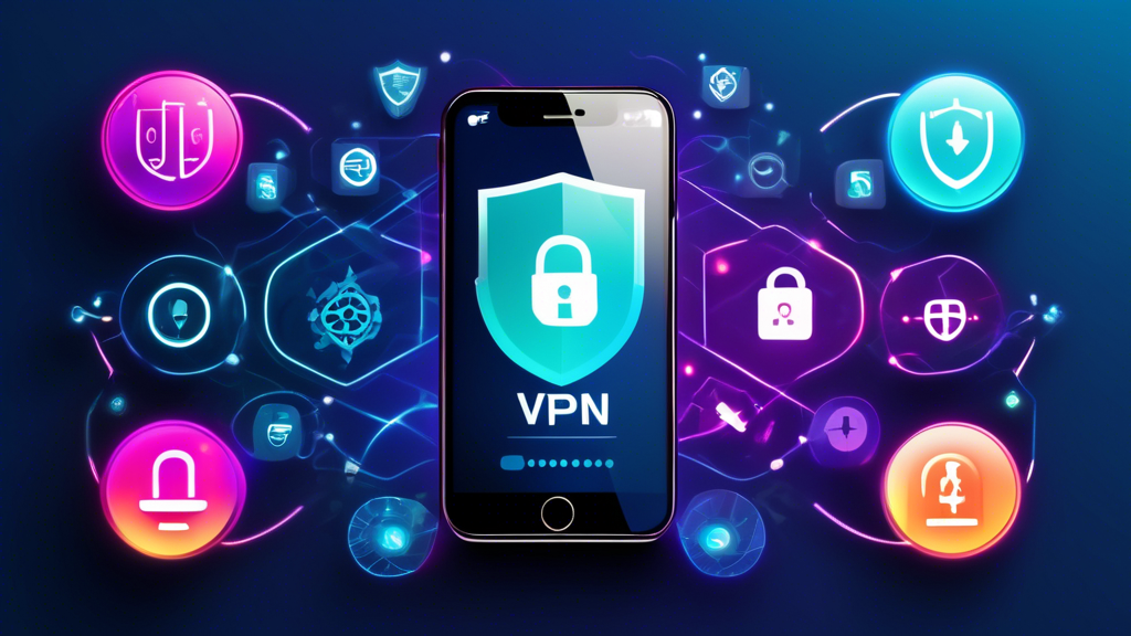 A sleek iPhone screen displaying a VPN app with a user-friendly interface. Surrounding the phone are icons symbolizing strong encryption, security protocols, blazing speed, and performance. The background features a padlock, shield, and network nodes to emphasize robust security and smooth performance.