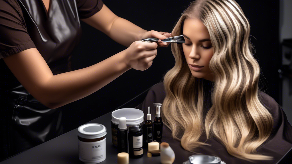 A detailed image showcasing the preparation steps for achieving perfect blonde foils in dark brown hair. The scene includes a professional stylist setting up tools like foil, brushes, and protective hair products. One part of the image should depict the nourishing treatments such as hair masks and oils being applied to dark brown hair before the foiling process. The setting is a modern, well-lit salon, with labeled sections highlighting important preparation steps.