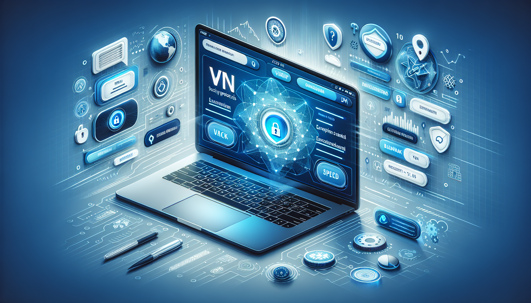 Create an image of an open laptop with a Windows interface, displaying a sleek and modern VPN application dashboard. The dashboard should visually highlight key features such as Security Protocols, Encryption Standards, Bandwidth, Speed Capabilities, and a User-Friendly Interface. In the background, include subtle symbols like padlocks and data encryption graphics to emphasize security. The overall color scheme should be blue and white to evoke a sense of trust and reliability.