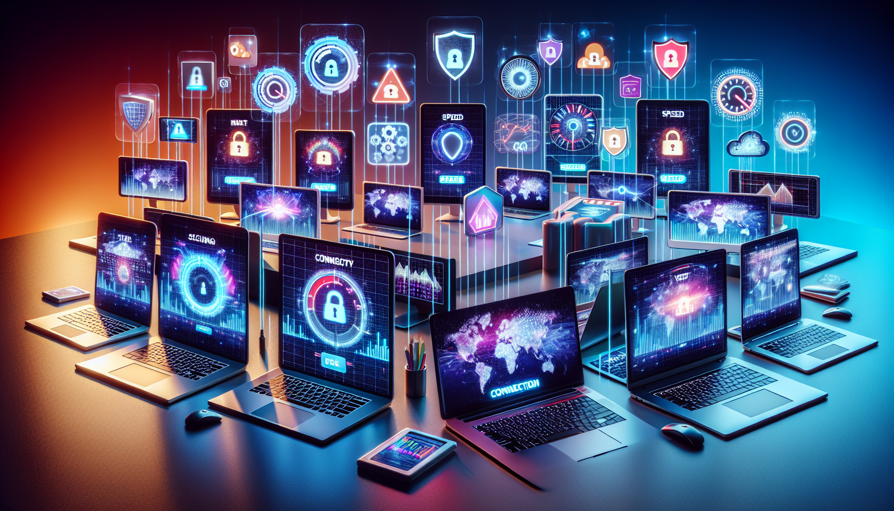 Create an image of multiple diverse laptops with screens displaying different free VPN services. Show logos, user interfaces, and connection maps on the screens. In the background, include icons representing security, privacy, and speed to emphasize the key features of these VPNs. The scene should be clean, modern, and tech-savvy, highlighting the pros and cons through subtle text or graphics. This visual will capture the essence of the best free VPNs for PC and ease of getting started with them.