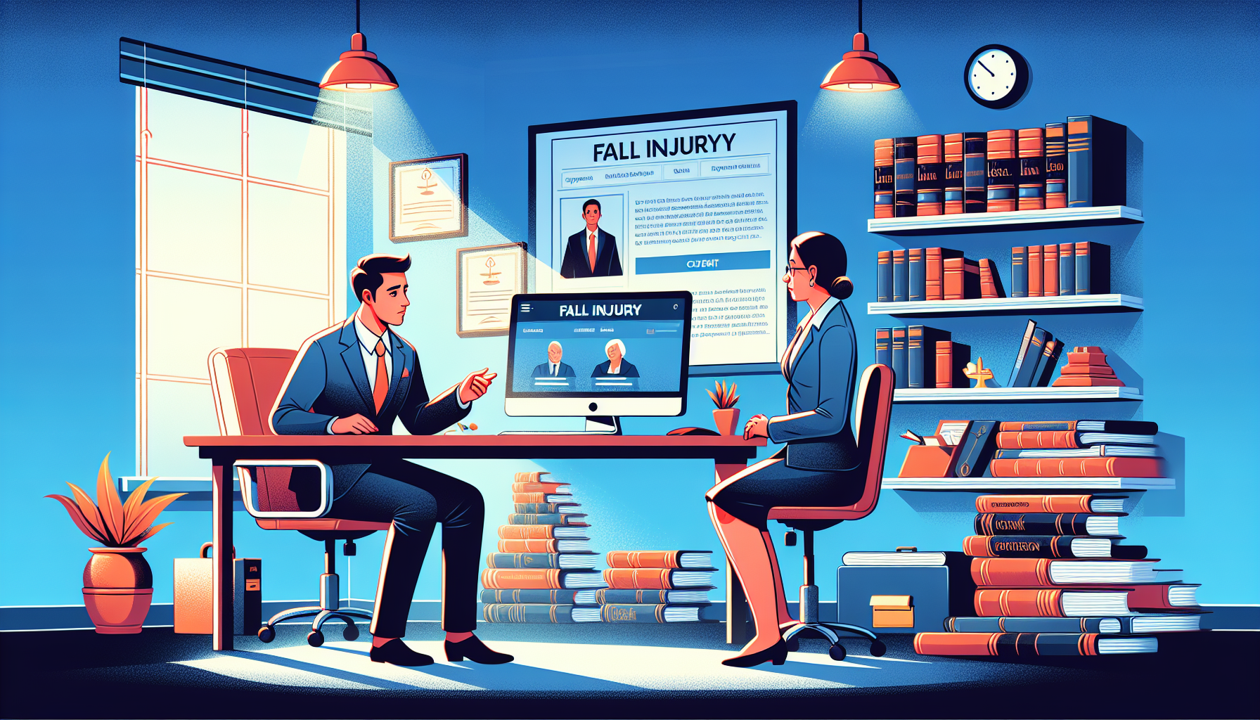 An illustration of a client sitting in a bright, professional office while having a detailed conversation with a fall injury lawyer, surrounded by legal books, a computer showing a local bar association webpage, and a stack of client testimonials, highlighting their expertise and focus in fall injury cases.