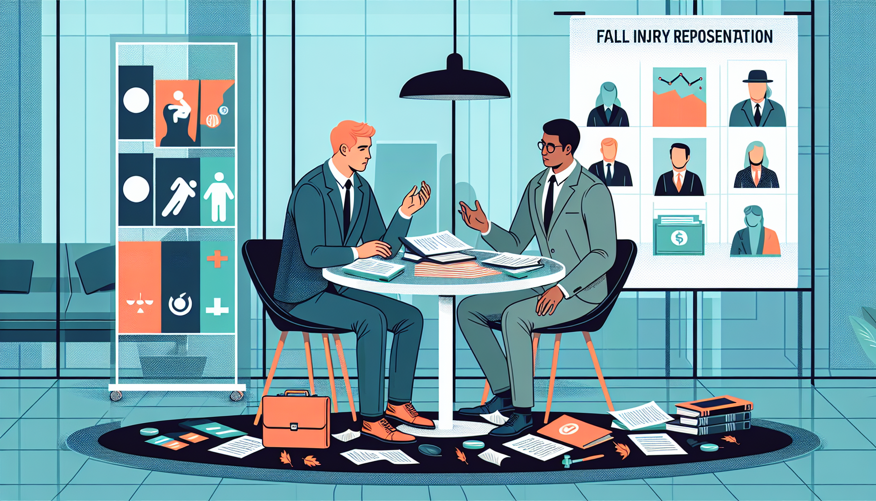 Client sitting at a round table discussing documentation and evidence with a professional fall injury lawyer in a well-lit office, illustrating the critical steps in evaluating and choosing the right legal representation. Nearby, a transparent board displays a list of expected fees and payment structures, emphasizing the comprehensive preparation for the first consultancy meeting.