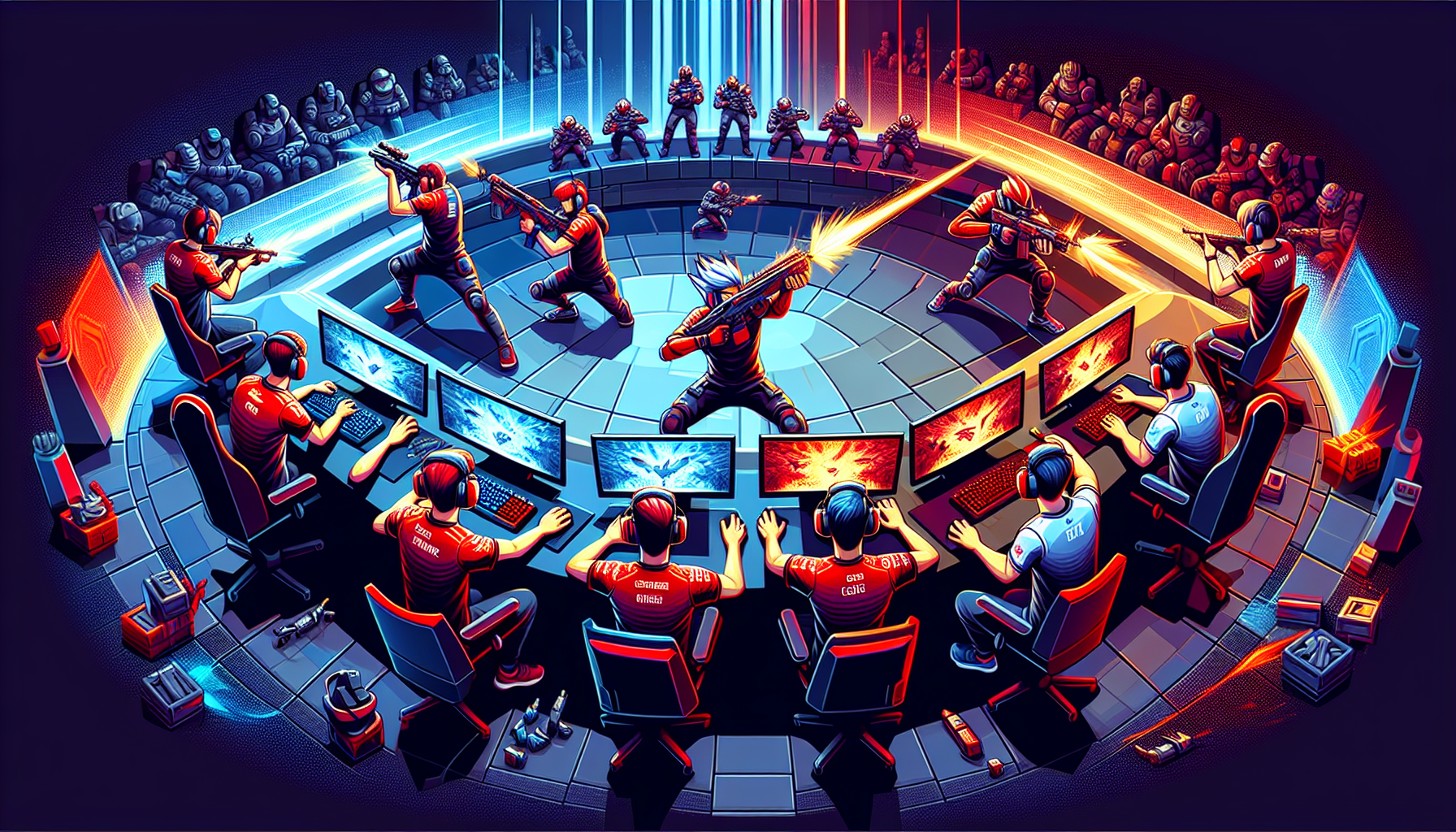 Create a high-action scene from the League of Legends Champions Korea (LCK) where Team T1 is engaging in a strategic team fight against KT Rolster. Showcase T1