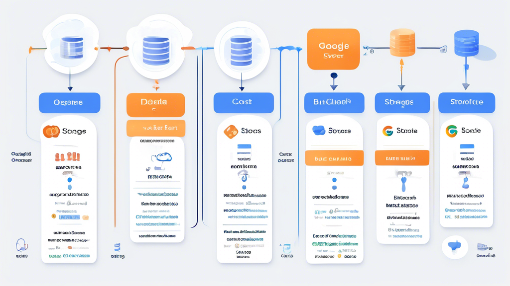 A detailed visualization comparing the various cost factors in Google Cloud Storage: an infographic showing storage prices for both active and inactive data, network fees and outgoing data transfers, and additional costs such as metadata queries, operations, and retrieval fees. The illustration should include icons and labels for each cost element, with arrows and connections indicating how they contribute to the overall pricing structure, set against a modern, tech-themed background.