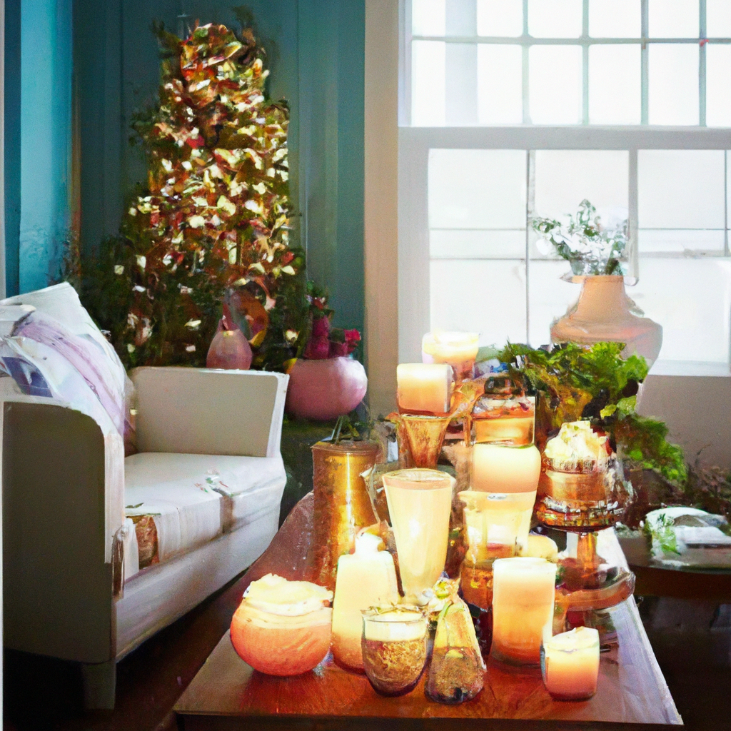 A cozy living room adorned with Christmas decorations, where the centerpiece is a variety of beautifully designed Christmas candles. Some candles are detailed in close-up, showing festive scents like pine, cinnamon, and vanilla. Highlight a few artisanal and hand-poured candles with intricate designs and labels. Include an eco-friendly section with sustainable packaging and natural ingredients. The ambiance exudes warmth, comfort, and holiday spirit, with the candles creating a soft, inviting glow. Keywords to embed in the image: best christmas candles, festive atmosphere, handcrafted, sustainable.