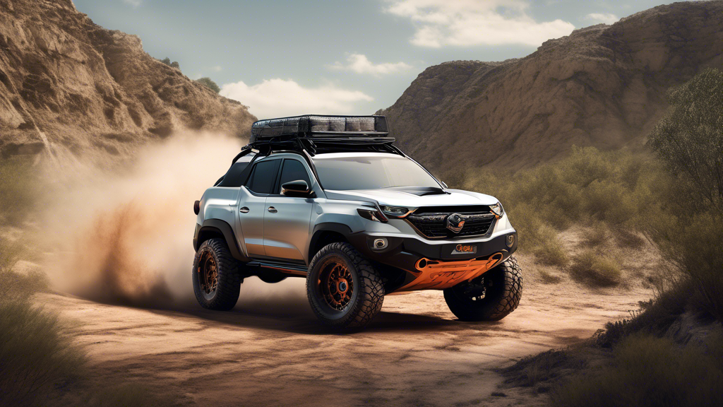 Create an image showcasing a vehicle with an elevated stance due to a liftkit, highlighting both its impressive ground clearance and rugged off-road capabilities. In the background, include a scenic off-road trail to emphasize the enhanced off-road capability and aesthetic appeal. To indicate the drawbacks, subtly integrate warning signs or symbols for fuel consumption and handling issues. Ensure the image captures a balanced view, suggesting both advantages and disadvantages of using liftkits. Keywords to include: liftkits, off-road, elevated vehicle, ground clearance, rugged terrain, fuel consumption sign, handling caution.