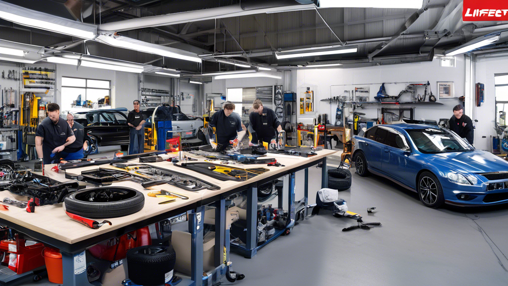 Create an image of a car workshop where a group of mechanics and a vehicle owner are examining different types of liftkits laid out on a table. The image should highlight various liftkits suitable for different makes and models of vehicles. In the background, there should be tools and automotive equipment, while a chart on the wall lists essential considerations for choosing the right liftkit. The setting should convey a sense of professional consultation and expert advice.