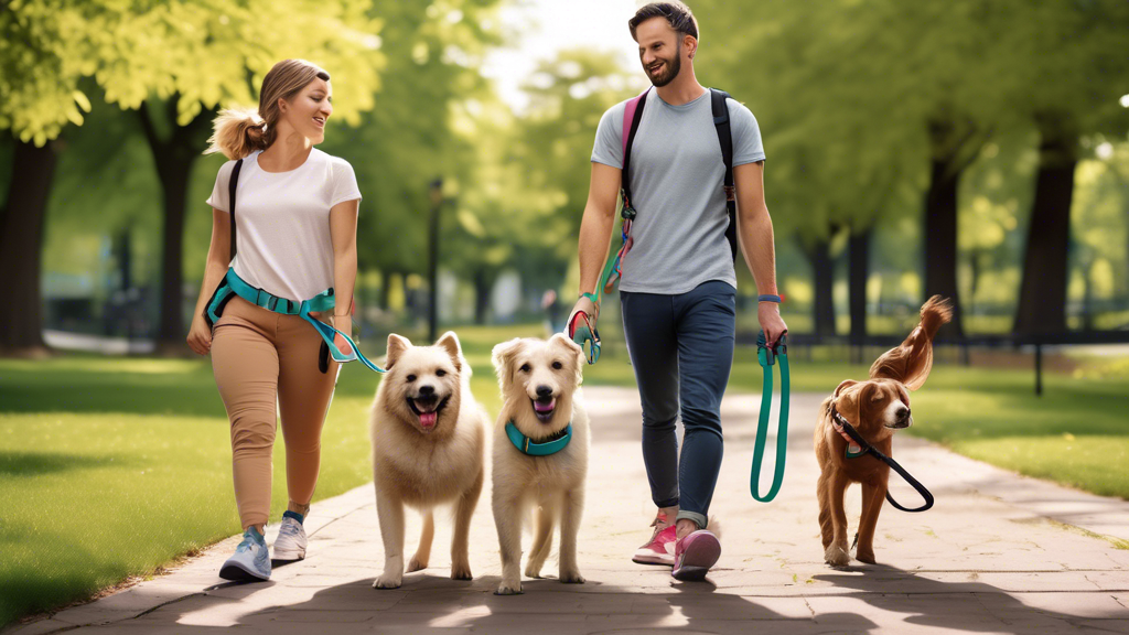 Create an image that showcases a diverse group of pet owners walking their dogs using the Zee Dog Leash in a pleasant, urban park setting. Illustrate the ergonomic features of the leashes such as padded handles and adjustable lengths, and show a variety of scenarios such as a pet owner jogging with their dog, another sitting on a park bench with the leash securely fastened, and others casually strolling. Highlight the comfort and usability for both the owners and their dogs, with a focus on how the leash enhances the overall walking experience. Include comparisons with other popular brands subtly in the background to emphasize Zee Dog Leash