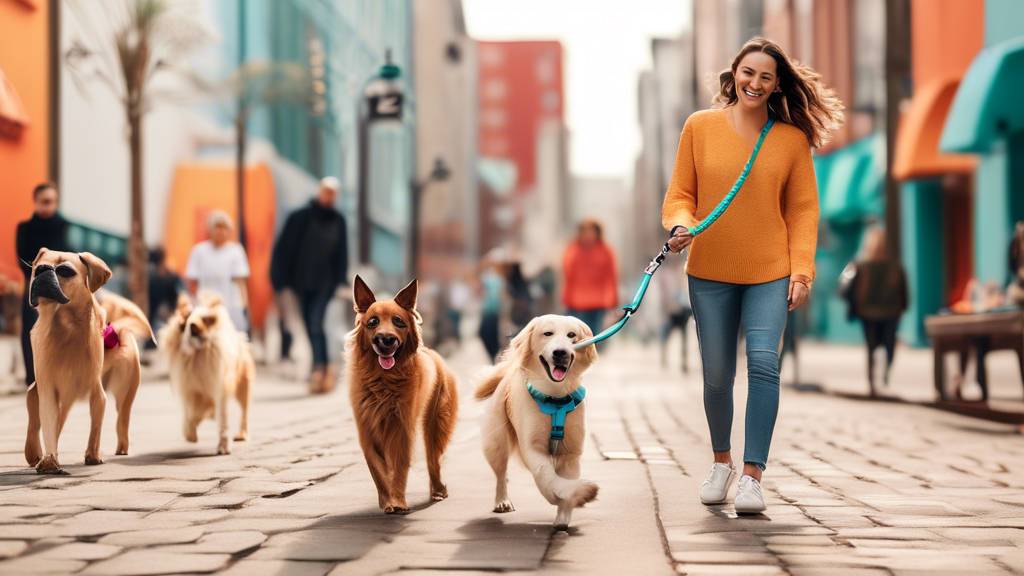 Create an image showcasing a variety of happy pet owners walking their dogs with the Zee Dog Leash. The scene should feature diverse environments - a park, urban streets, and a beach - to highlight the versatility of the leash. Include review snippets and star ratings from different users floating above the scenes, emphasizing their positive experiences and testimonials. Ensure the leashes are prominently branded and depicted in various styles and colors.