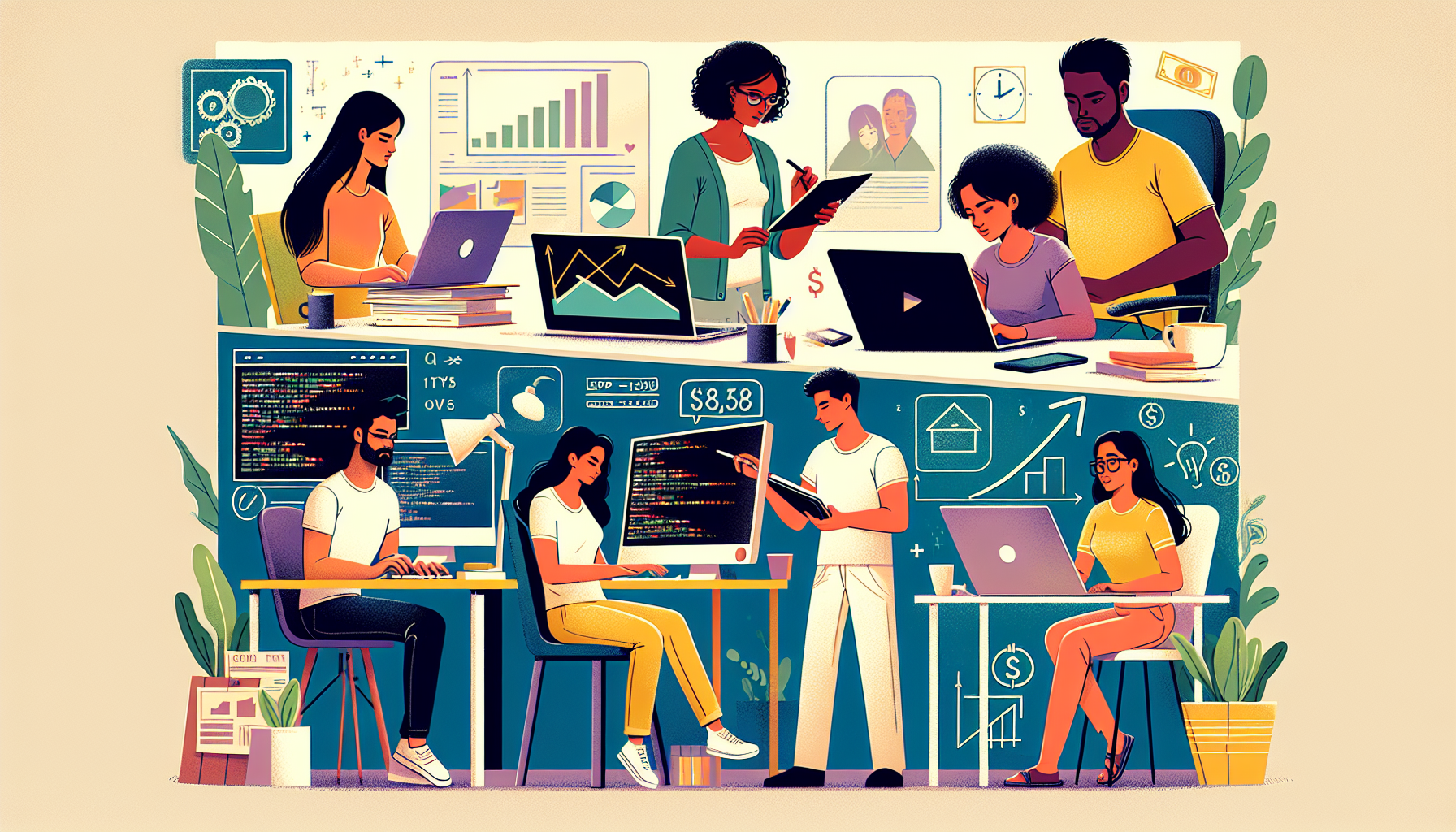 Create an image of five individuals, each engaged in different high-paying side hustles. Have one person writing at a desk with papers and a laptop labeled Freelance Writing, another person at a computer designing a logo with graphics titled Graphic Design, a third person coding on multiple monitors labeled Web Development, a fourth person giving a presentation to a small group tagged Consulting, and a fifth person teaching math online via video call, titled Online Tutoring. All individuals should appear focused and professional in their respective environments. The background can include subtle hints of earnings, like a chart with upward trends or currency symbols.