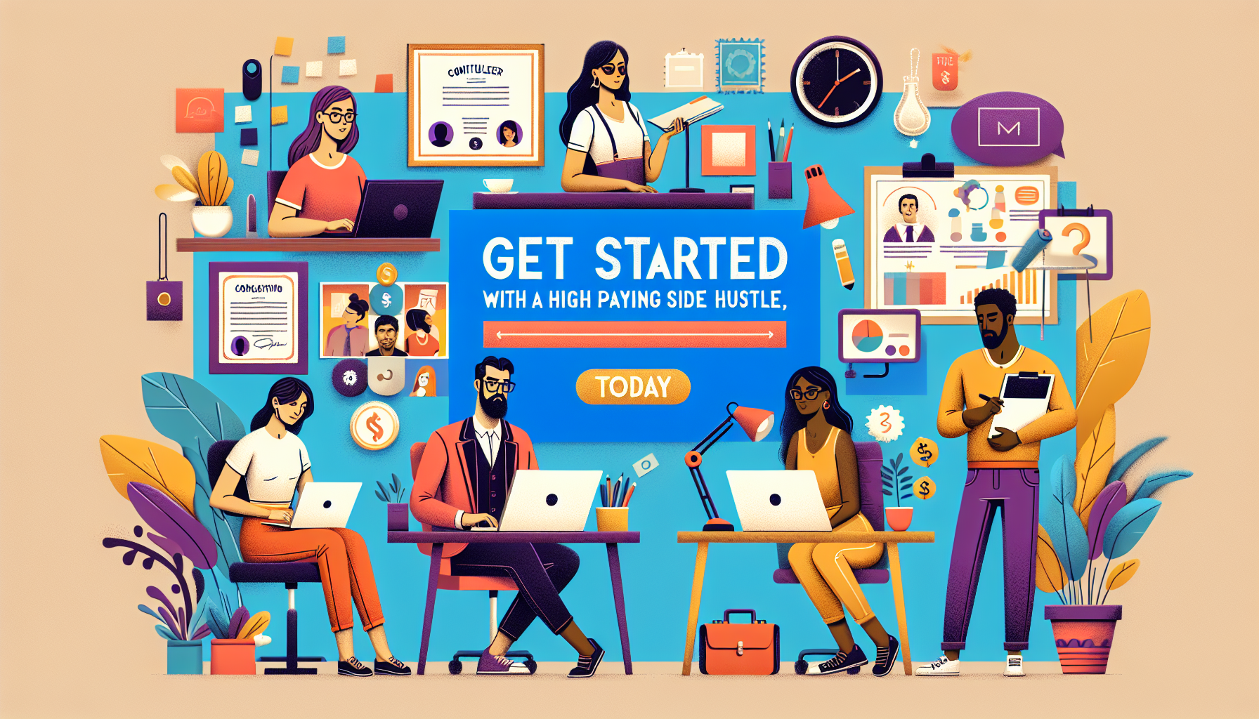 Create an image that visually represents How to Get Started with a High Paying Side Hustle. Show a diverse group of individuals engaging in various side hustle activities such as freelance writing, graphic design, coding, consulting, and online tutoring. They should be working on laptops, art tablets, or giving presentations. Include elements like certificates or portfolios lying on desks, and a clock to symbolize time management. Illustrate a background setting that combines a home office and a coffee shop atmosphere to highlight flexibility. Use modern, vibrant colors to convey the dynamic nature of side hustles. Include a text overlay that says Get Started with Your High Paying Side Hustle Today!