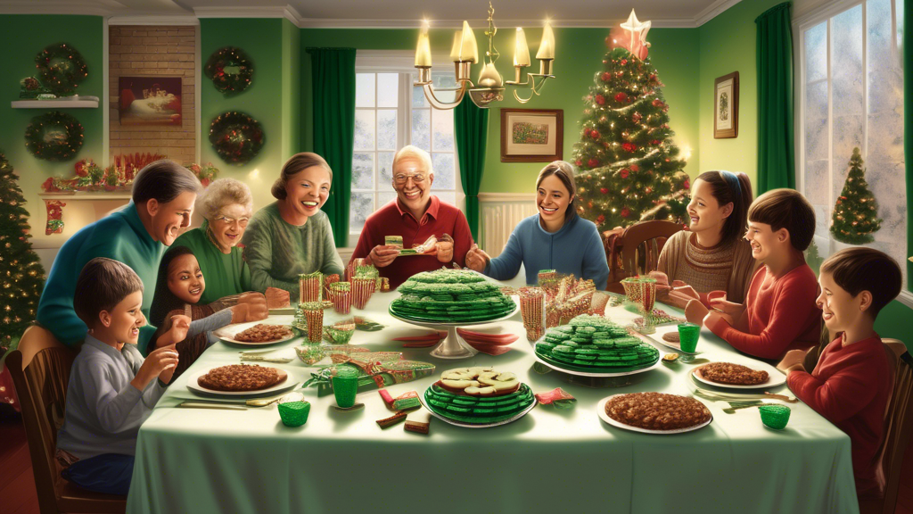 An illustrated scene depicting a family celebration with a festive dinner table where Andes Mints are presented as the preferred after-dinner treat, showing guests of various ages enjoying the mints, with decorations that reflect a holiday vibe thereby highlighting the cultural impact and popularity of Andes Mints in family and festive settings.