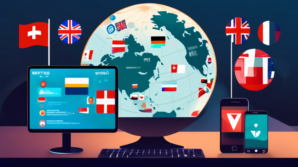 Create an image that captures the essence of selecting the best VPN for streaming Netflix. The background should feature a bright and dynamic visual of a globe with various country flags to symbolize global access. In the foreground, display a computer screen and a smartphone showcasing Netflix’s homepage. Around these devices, place icons representing fast speed, security, and server locations. Incorporate badges or labels with the names of top VPN providers like NordVPN, ExpressVPN, and CyberGhost, highlighted with a focus on their features like speed, reliability, and bypassing geo-blocks.