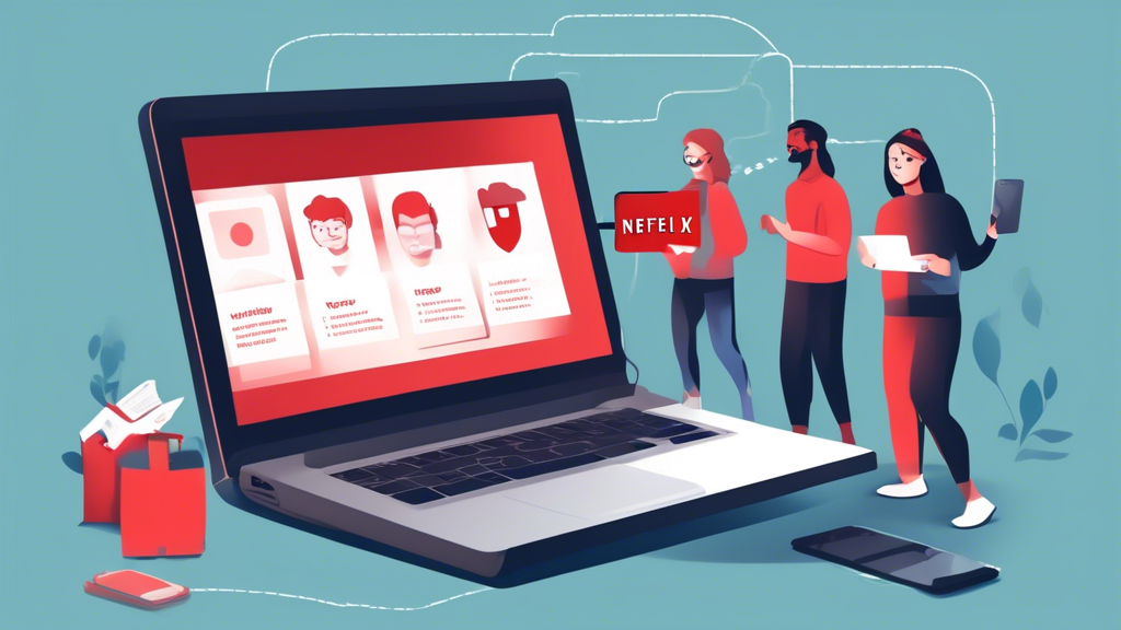 Create an image showing a step-by-step guide for setting up a VPN to watch Netflix. The image should include illustrations of a user choosing a VPN plan, downloading and installing the VPN software on a laptop and smartphone, and finally, troubleshooting common issues while streaming Netflix. Use clear, simple graphics and icons to depict each step in the process, ensuring the visual is easy to follow and understand.