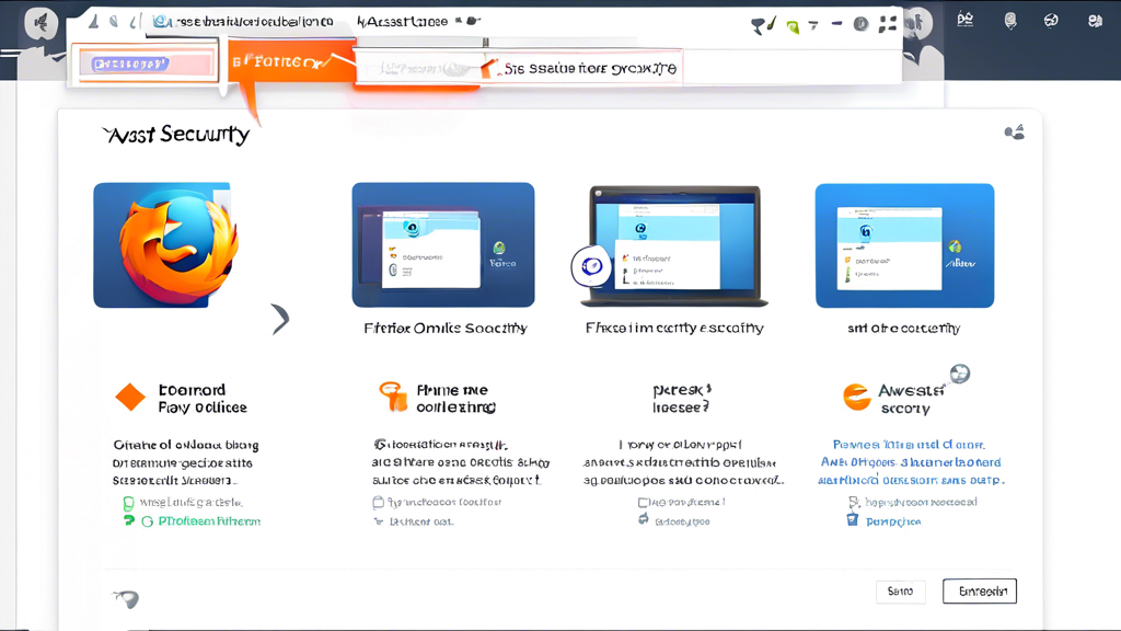 Create an image showing a laptop screen with the Firefox browser open. The screen displays the Avast Online Security extension being installed, with a step-by-step guide overlay. Icons for customization options such as privacy settings, ad-blocking, and anti-phishing are highlighted around the laptop. Ensure the Firefox logo and Avast Online Security icon are clearly visible and prominent. The background should be a clean, modern desk setup to convey ease and user-friendliness. Keywords: avast online security & privacy firefox.
