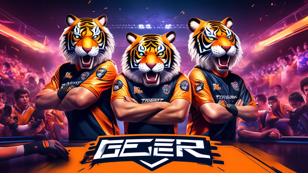 Create an image that captures the essence of Esports Tiger: A dynamic and thrilling scene showcasing a legendary esports tiger team in action. The background features a vibrant, futuristic esports arena filled with energetic fans and dazzling LED screens displaying live gameplay. In the foreground, focus on the team: five players with intense expressions, wearing matching team jerseys adorned with a striking tiger emblem. Highlight their breakthrough players, shown making impressive moves on their gaming rigs. Enhance the atmosphere with bright spotlights, confetti falling from the ceiling, and a display of numerous awards and accolades on one side, capturing their significant achievements and contributions to the esports community.