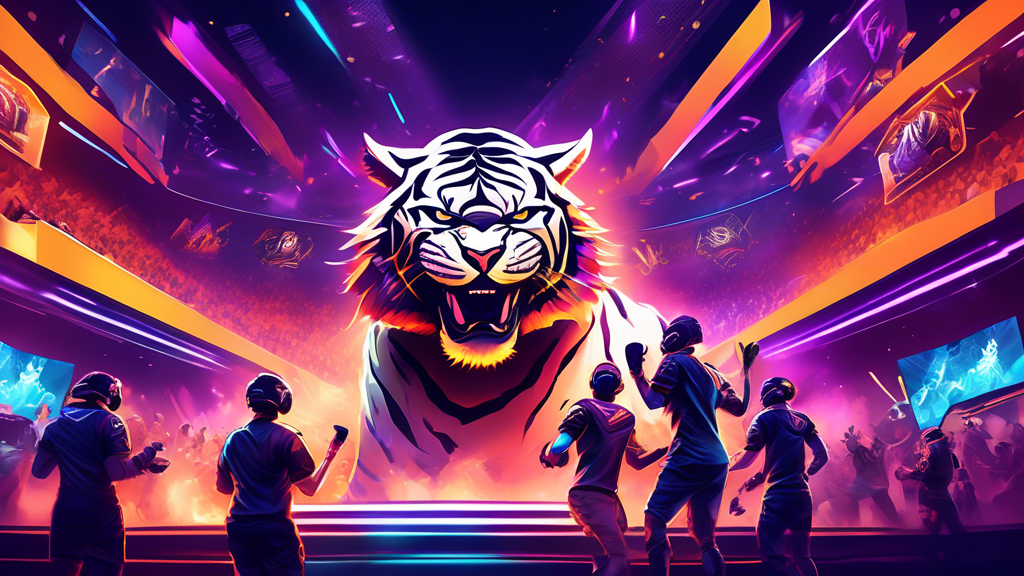 Create an image depicting the exciting future of esports tiger teams, showcasing a futuristic arena packed with cheering fans. Highlight advanced technology like VR headsets and holographic displays, with diverse, determined players in action. Include elements of high energy and anticipation, with banners and digital screens promoting upcoming tournaments and new opportunities within the esports industry.