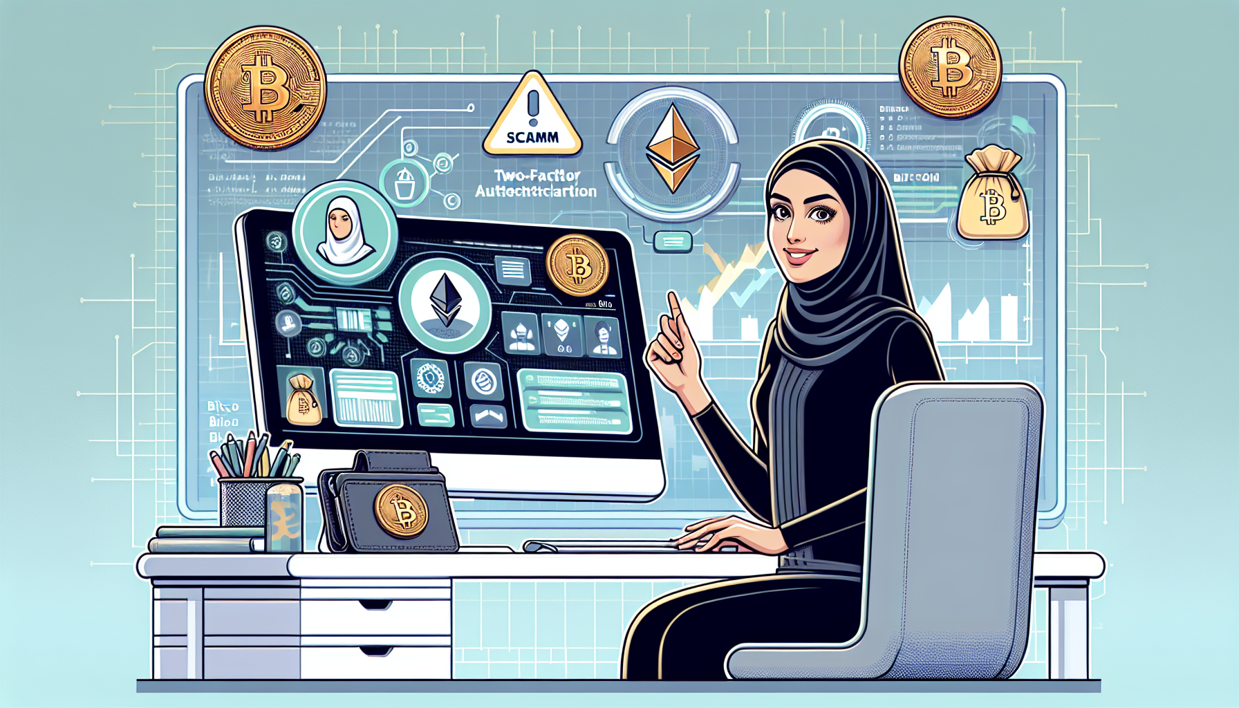 Create an image depicting safe practices for buying cryptocurrency. The scene should show a person confidently using a secure cryptocurrency platform on a computer. Elements in the image should include a digital wallet, two-factor authentication, and visual cues warning against scams and frauds. The background can include a chart showing cryptocurrency trends and a small stack of physical coins like Bitcoin and Ethereum, illustrating the concept of staying informed and protected. Emphasize a modern, well-lit workspace with subtle tech aesthetics.
