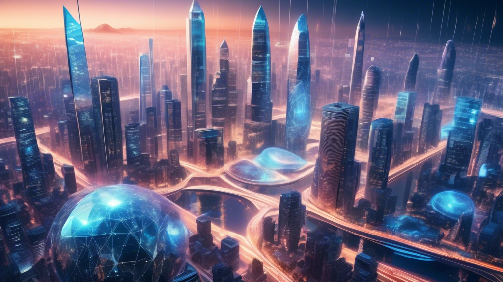 Create a visually stunning image of a futuristic city where traditional and digital financial structures merge seamlessly. Highlight elements such as skyscrapers made of blockchain, digital currency symbols, and holographic smart contracts. Incorporate people using a blend of traditional banking methods and high-tech DeFi solutions. The overall theme should emphasize the coexistence and integration of old and new financial systems, portraying a harmonious and innovative global financial ecosystem. Include a touch of vibrant, optimistic colors to signal a promising future in DeFi technology.