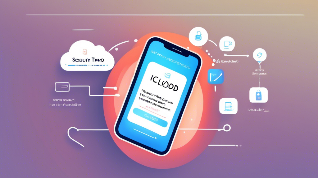 Create an image of a smartphone screen showing the step-by-step setup of two-factor authentication for an iCloud account. Include visual elements like text instructions, verification codes, and security icons to emphasize security. The background should subtly feature a shield and lock symbols to represent protection. Keywords: icloud hack, two-factor authentication, secure your iCloud account.