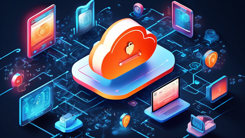 Create an intricate digital illustration showcasing an advanced cybersecurity setup for iCloud, featuring visuals of encrypted data, end-to-end encryption processes, and encrypted backup options. Include imagery of a user managing permissions on their Apple device, emphasizing the Advanced Data Protection feature to enhance security. Integrate icons and symbols related to cybersecurity such as shields, locks, and binary code to convey a high level of protection against hacks.