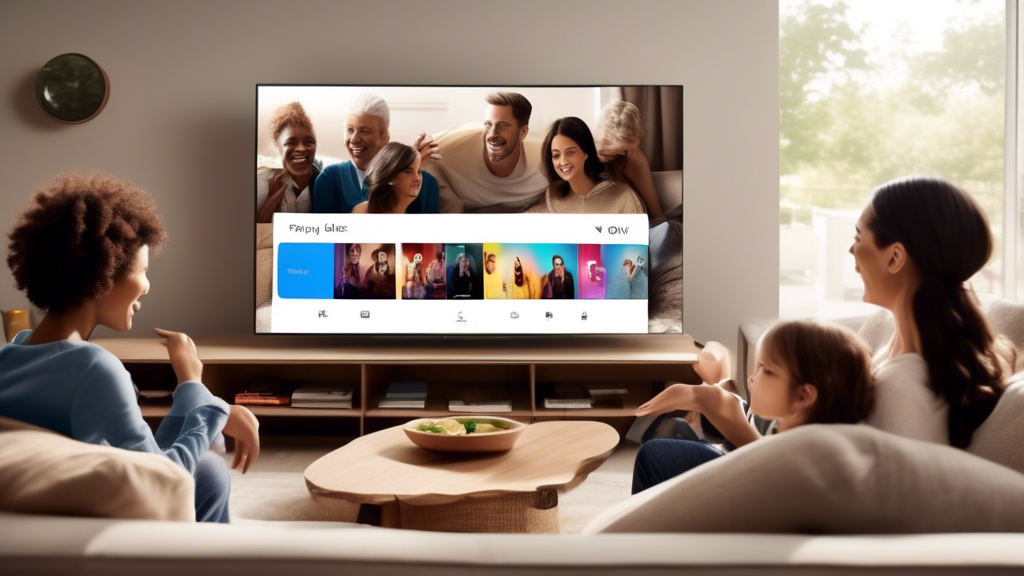 Create an image of a modern living room setting where a family is enjoying a high-quality streaming experience on their widescreen television. The TV screen showcases the Paramount Network interface with clear options for subtitles and multiple language settings. The family members are using a remote control and seem engaged with the show they are watching. Subtle pop-up tips on the TV screen can indicate Best Streaming Settings and Recommended Shows. This visual should capture an optimized streaming environment, highlighting the tips and tricks for an enhanced viewing experience on Paramount Network.