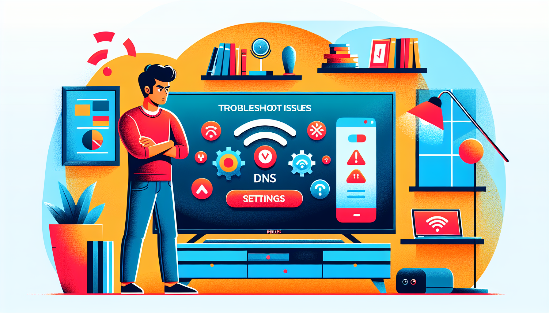Create an image depicting a user troubleshooting DNS issues on a Philips Smart TV. The scene should show a person standing in front of their TV with a friendly, step-by-step guide on the screen. The TV screen could display icons like a settings gear, a red warning sign, and a Wi-Fi symbol. In the background, include elements such as a Wi-Fi router and a laptop with a technical support website open. The setting should be a cozy living room to make the scenario relatable and comforting.