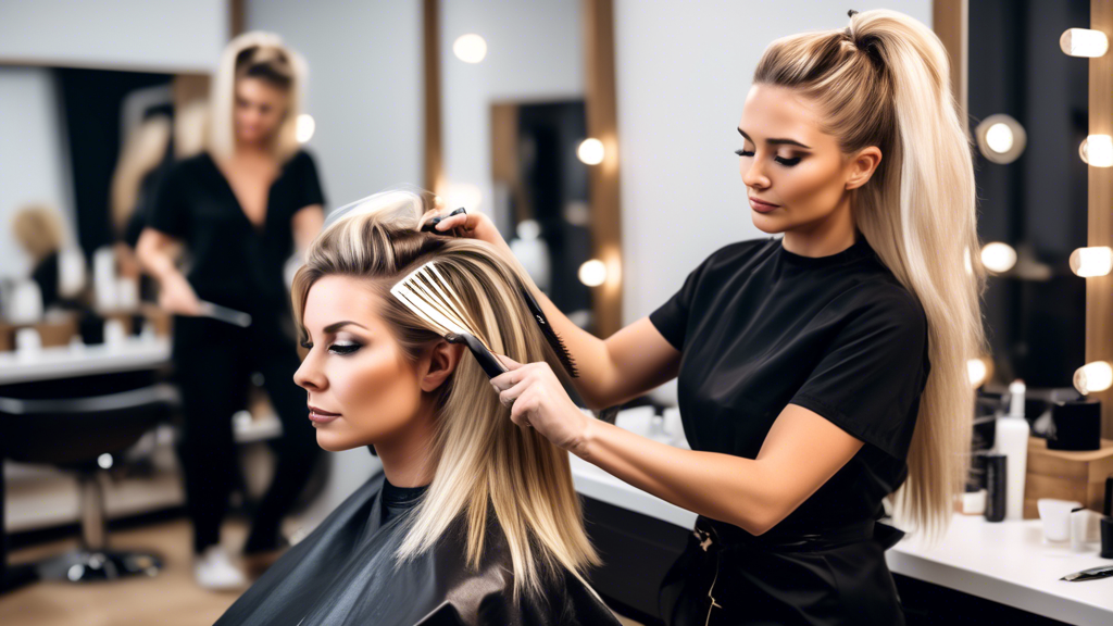 Create an image depicting a professional hairstylist in a chic, modern salon, carefully applying blonde foils to a client with dark, luscious hair. The stylist should be sectioning the hair and meticulously placing the foils while the client sits comfortably in the salon chair. Include a variety of tools such as combs, brushes, and a foiling board nearby. Additionally, show some hair care products and a mirror reflecting the process to emphasize the meticulous step-by-step application process. The overall atmosphere should feel professional, inviting, and stylish.