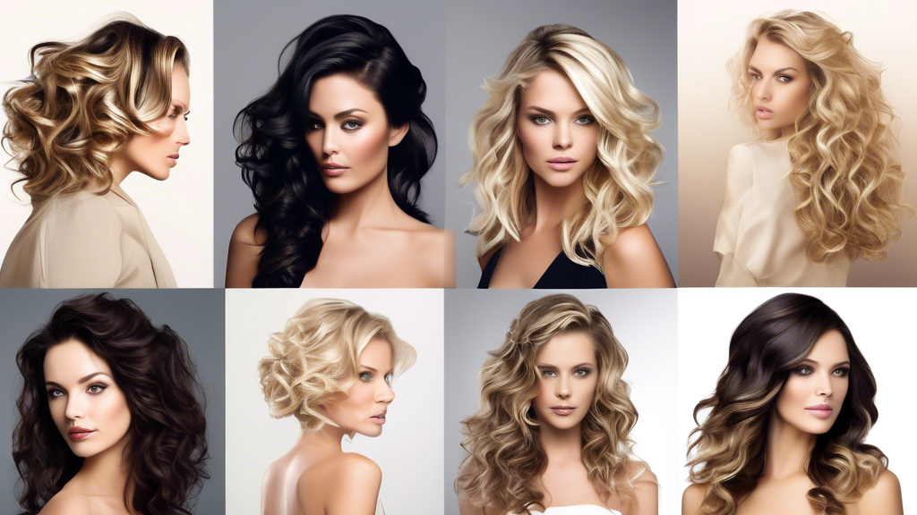 Create an image of a woman with dark hair, styled in loose curls and featuring stunning blonde foils. The image should showcase the vibrancy and dimension of the blonde foils, highlighting the contrast with the dark hair. Include a few examples of day-to-night styling transformations, such as an elegant updo or chic waves, to emphasize the versatility of the look. Capture the woman in a sophisticated salon setting, with her hair glossy and healthy, radiating shine and texture.