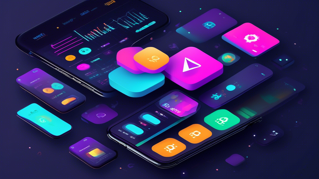 Create an image of a modern smartphone displaying the Webull app interface, showcasing a vibrant and user-friendly design for crypto trading. Include graphs, charts, and colorful cryptocurrency icons like Bitcoin, Ethereum, and others. Depict a person engaging with the app, analyzing market trends and making trades. The background should suggest a tech-savvy environment, such as a desk with a laptop and digital devices, symbolizing the tools and tips for effective crypto management on Webull. Include the text 