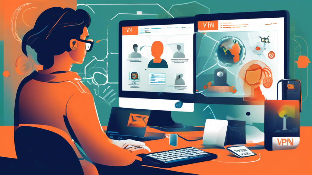 Create an image depicting a person using different tools to access blocked websites. Conceptually represent the tools mentioned: a Virtual Private Network (VPN) connection, a proxy server, and the Tor browser. Show a computer screen divided into sections, each illustrating the interface of a VPN, a proxy server webpage, and the Tor browser. Surround the person with visual elements representing security and privacy, such as shield icons, padlocks, and encrypted data streams. The environment should feel modern and technological, with a focus on providing a sense of safety and security while browsing.