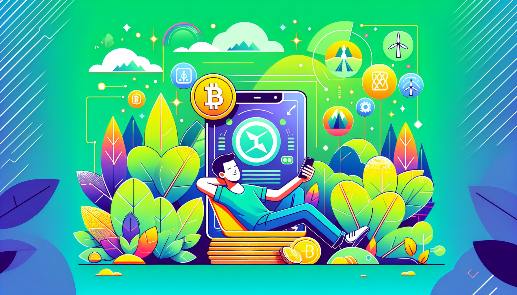 Create a detailed digital illustration that showcases the revolutionary approach to mining Pi Currency. The image should depict a person using a mobile device in a natural, eco-friendly setting, highlighting the simplicity and environmental benefits of Pi mining. Include visual elements such as green forests or sustainable energy icons to emphasize the eco-friendly aspect. The mobile device screen should show the Pi mining app in use, indicating potential rewards and growth opportunities. The style should be modern and vibrant, appealing to a tech-savvy audience.

Prompt: A vibrant digital illustration of a person mining Pi Currency using a mobile device in a lush, green forest. The person appears relaxed and focused, showing the simplified, eco-friendly process of Pi mining. The mobile device screen displays the Pi mining app, highlighting potential rewards. The background includes icons of sustainable energy and natural elements, emphasizing the environmentally friendly approach. The overall style is modern and colorful, aimed at a tech-savvy audience.